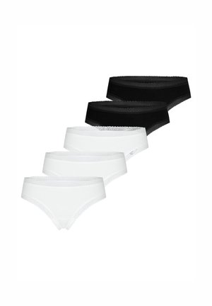 Pięć damskich majtek typu hipster w kolorach czarnym i białym, każda z koronką zdobiącą pas i wykończenia przy nogawkach, ułożonych diagonalnie.