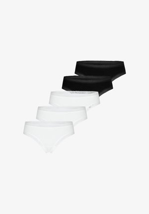 Five women's hipster panties in black and white, each with lace trim along the waistband and leg openings, arranged diagonally.