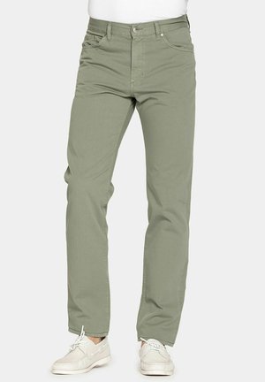 Pantaloni verde chiaro realizzati in misto cotone, con un design a gamba dritta, cinque tasche, chiusura frontale con bottone e dettagli di cucitura sottili.