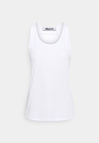 Bílé atletické tílko s kulatým výstřihem, bez rukávů a hladkou, lehkou látkou s visačkou zobrazující logo značky.