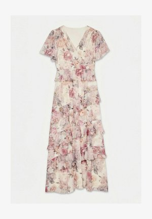 Robe maxi fleurie rose clair avec manches courtes volantées, col en V, taille cintrée et jupe à volants à étages.