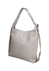 Grijze leren schoudertas met een zachte textuur, voorzien van een enkele schouderband en een ontspannen, ongestructureerd ontwerp. Geen zichtbare hardware.