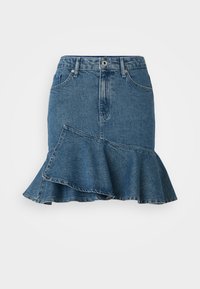 Denimrokken met een uitlopende ruffle zoom, voor sluiten met knopen en rits, twee voorzakken en riemlussen.
