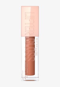 Lśniący błyszczyk Maybelline Lifter w przezroczystej tubce z miękką różową prostokątną nakrętką. Wnętrze zawiera błyszczący fioletowawy płyn, z wytłoczonym napisem na opakowaniu.