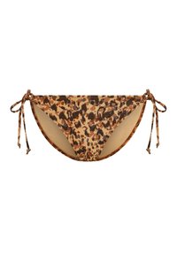 Bas de bikini en imprimé léopard beige, marron et noir, doté de liens latéraux et de fines bretelles, avec une doublure intérieure lisse.