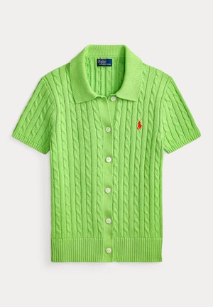 Πουλόβερ lime πράσινο με κοντά μανίκια, πλεκτό με σχέδιο καλώδιου, με κουμπιά και γιακά, με κεντημένο κόκκινο λογότυπο Polo στο αριστερό στήθος.