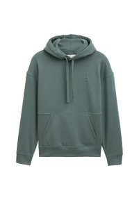 Sudadera con capucha en un color verde apagado, hecha de tela suave. Presenta un bolsillo canguro en la parte frontal y puños y bajo acanalados. Detalle sutil del logo.