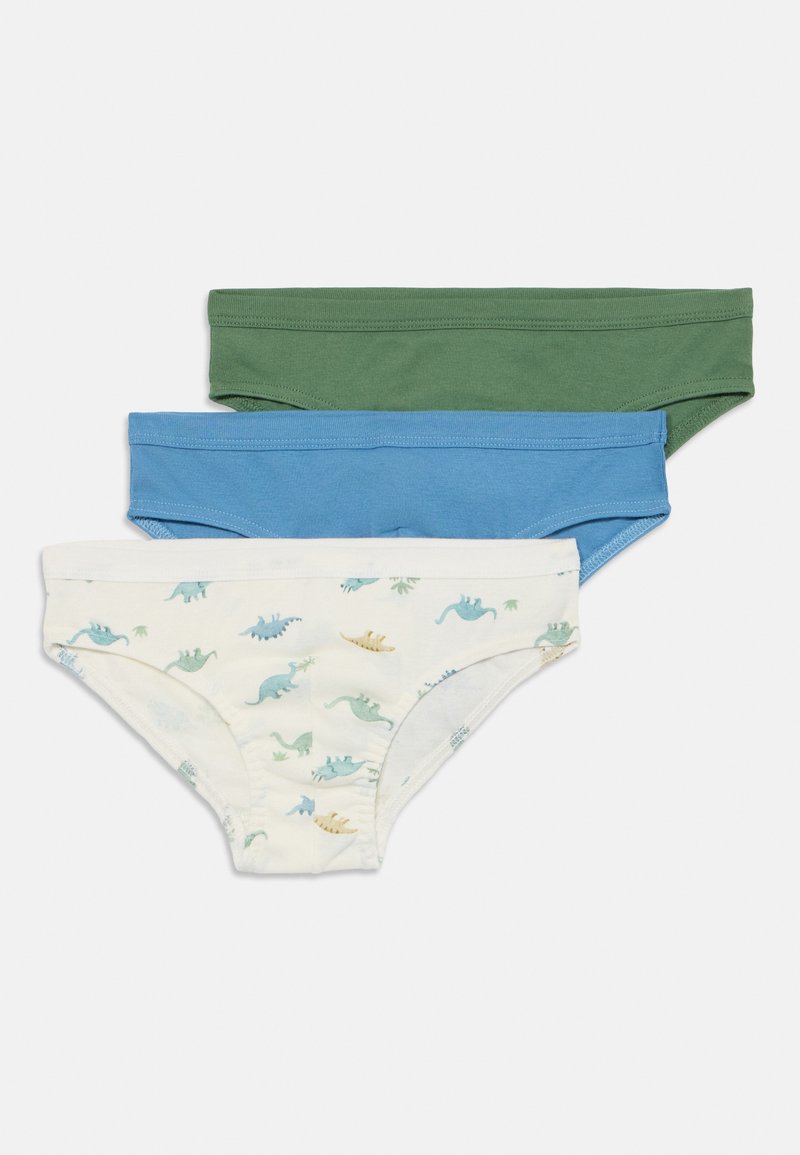 Trīs bērnu apakšbikses pāri: tumši zaļa, zila un balta ar zaļas un dzeltenas krāsas dinozauru apdruku. Mīksts kokvilnas materiāls.