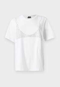 White cotton t-shirt with short sleeves featuring a dotted graphic design resembling a neckline across the front.