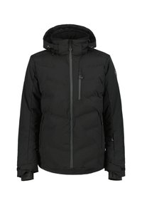 Giacca nera imbottita con zip frontale, cappuccio regolabile e tasche con zip. Presenta polsini elasticizzati e un logo sulla manica.