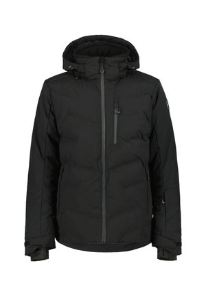 Černá zateplená bunda s předním zipem, nastavitelnou kapucí a zapínacími kapsami. Obsahuje elastické manžety a logo na rukávu.