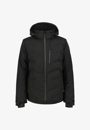 Zwarte gewatteerde jas met een rits aan de voorkant, verstelbare capuchon en ritszakken. Voorzien van elastische manchetten en een logo op de mouw.