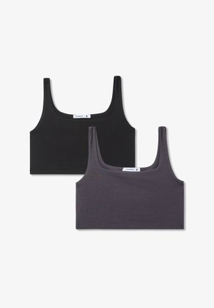 Due canotte nere e grigie scure. Realizzate in morbido tessuto, presentano spalline larghe, un collo a barchetta e un taglio corto.