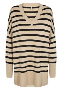 Beige trui met zwarte horizontale strepen, V-halsontwerp, lange mouwen, geribbelde manchetten en zoom, en een gestructureerde brei-achtige stof.