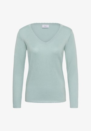 Hele mintroheline pika varrukaga V-kaelusega kampsun, mis on valmistatud pehmest, tekstureeritud kangast. Omadusteks on laineline kaelus ja liibuv lõige.