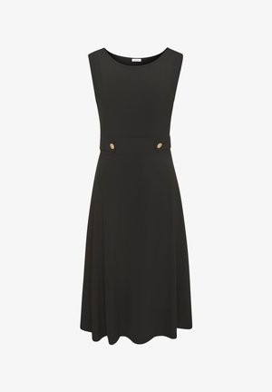 Zwarte mouwloze jurk met een ronde halslijn, een aansluitende taille en een uitlopende rok. Bevat twee goudkleurige knopen op de taille. Glad stoffen textuur.