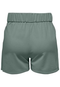 Pantaloni corti verdi con una vestibilità rilassata, cintura elastica e tessuto morbido al tatto. Presentano un design semplice e pulito, senza tasche o decorazioni.