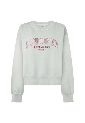 Šviesiai pilkas džemperis, kuriame raudona užrašas "LONDONER PEPE JEANS WEST II." Ilgos rankovės su elastinėmis apykaklėmis ir apvaliu iškirpimu. Lygi tekstūra.