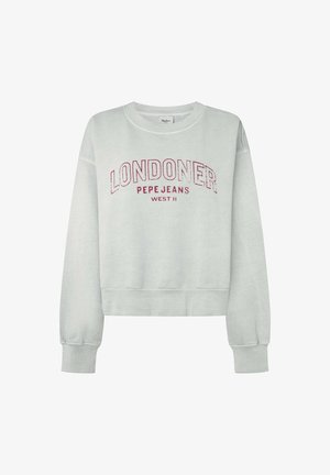 Hellgrauer Pullover mit rotem Text "LONDONER PEPE JEANS WEST II." Langärmlig mit gerippten Bündchen und rundem Halsausschnitt. Glatte Textur.