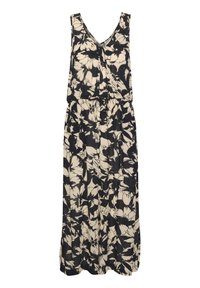 Vestido maxi negro y crema con flores, de escote en V, sin mangas, con cintura fruncida y textura de tela fluida. Presenta grandes patrones de flores.