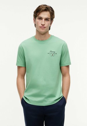 Ung mand iført en lysegrøn Tommy Hilfiger t-shirt og mørke bukser, stående med hænderne i lommerne mod en hvid baggrund.