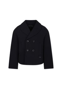 Giacca doppiopetto blu navy realizzata in tessuto liscio, con grandi bottoni, un ampio colletto e due tasche frontali. Design di lunghezza accorciata.