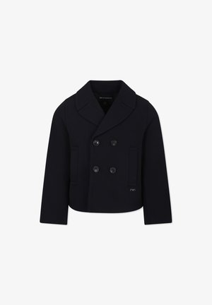 Giacca doppiopetto blu navy realizzata in tessuto liscio, con grandi bottoni, un ampio colletto e due tasche frontali. Design di lunghezza accorciata.