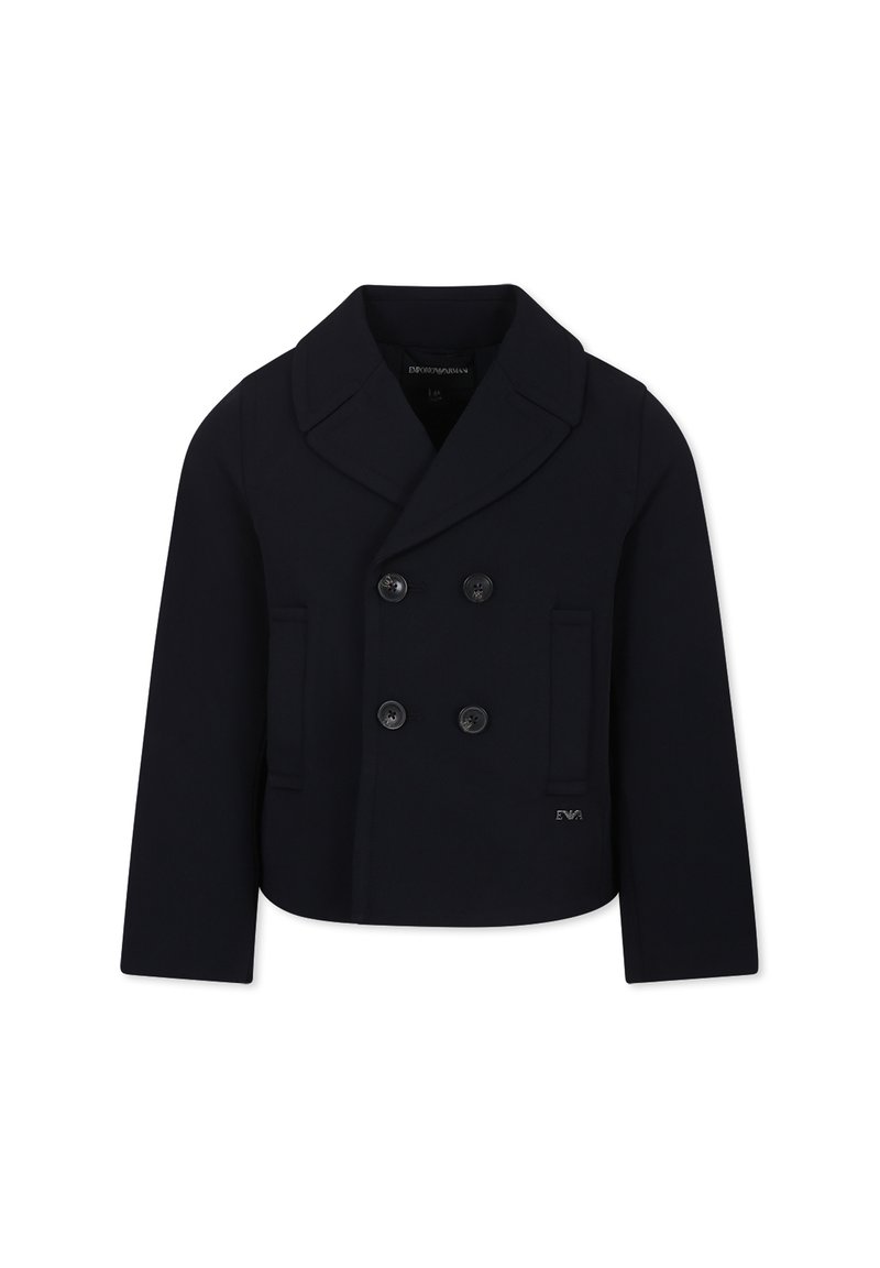 Giacca doppiopetto blu navy realizzata in tessuto liscio, con grandi bottoni, un ampio colletto e due tasche frontali. Design di lunghezza accorciata.