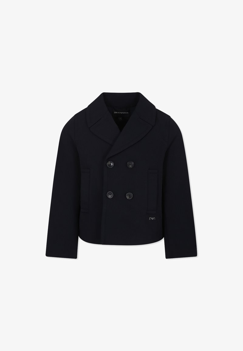 Giacca doppiopetto blu navy realizzata in tessuto liscio, con grandi bottoni, un ampio colletto e due tasche frontali. Design di lunghezza accorciata.