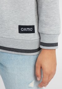 Felpa grigia con orlo e polsini a coste; presenta un'etichetta nera con testo bianco. Indossata con jeans chiari strappati.