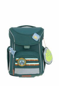 Sac à dos teal avec un rabat arrondi, des accents gris et plusieurs patchs colorés, y compris un motif de dinosaure et de loup, ainsi que des détails rayés.