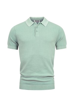 Men’s short-sleeve mint green knit polo shirt with ribbed collar, cuffs, and hem, and three-button placket front.