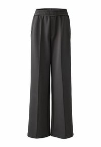 Weite Hosen aus dunkelgrauem Stoff, mit einem elastischen Bund und seitlichen Taschen, sauberen Nähten und einer glatten Textur.