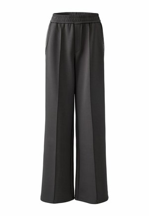 Weite Hosen aus dunkelgrauem Stoff, mit einem elastischen Bund und seitlichen Taschen, sauberen Nähten und einer glatten Textur.