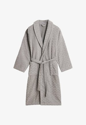 Grau melierter Bademantel aus Frottee mit Chevron-Muster, großzügigen Taschen, Bindegürtel und Schalkragen. Mittel-langer, weicher Stoff.