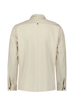 Licht beige overhemd met lange mouwen, een kraag met knopen, details in de achternaad en zwarte knopen bij de manchetten en de hals. Glad stoffen textuur.