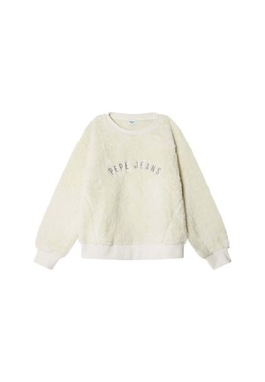 Sweatshirt en polaire couleur crème avec une texture douce, un col rond et des poignets côtelés. Présente "PEPE JEANS" brodé en gris à l'avant.