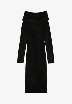 Crna rebrasta pletena haljina s dizajnom bez naramenica, dugim rukavima i uskim siluetom. Tekstuirana tkanina dodaje dubinu dizajnu.