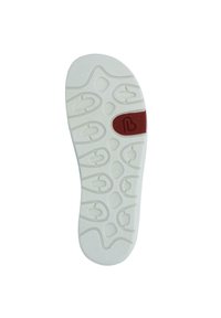 White rubber sole with textured grip patterns and a red accent. Features rounded edges and an embossed logo in the midsole area.