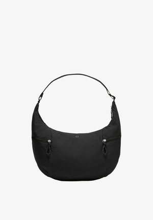 Schwarze, halbmondförmige Schultertasche mit verstellbarem Riemen und zwei äußeren Reißverschlusstaschen auf jeder Seite, mit kleinem Logo in der Mitte.