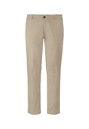 Beige katoenen chinos met een rechte pijpdesign, voorzien van een sluiting met een voorknop en riemlussen. Vriendelijke textuur, geen zichtbare patronen.