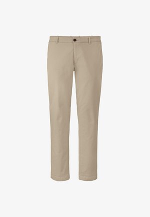 Beige katoenen chinos met een rechte pijpdesign, voorzien van een sluiting met een voorknop en riemlussen. Vriendelijke textuur, geen zichtbare patronen.