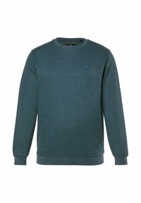 Felpa blu-verde a girocollo con maniche lunghe, polsini e orlo a costine, caratterizzata da un piccolo logo ricamato sul petto. Tessuto morbido.