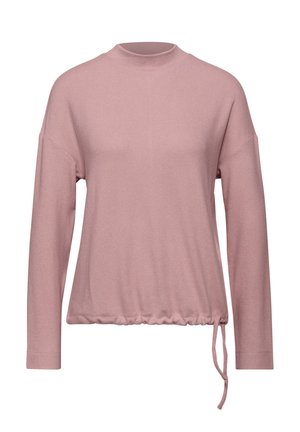 Lichtroze longsleeve met hoge hals, ontspannen pasvorm en gathered zoom met verstelbare trekkoord voor een aangepaste fit. Zachte textuur.