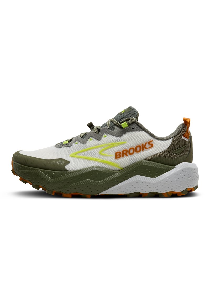 Trail running shoe featuring a white mesh upper, green accents, and a textured grey midsole with orange outsole and branding.