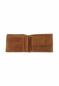 Brown leather bifold wallet with multiple card slots and a larger pocket. Smooth texture with visible stitching and a subtle worn appearance.