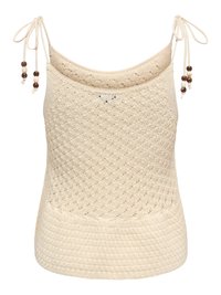 Haut en tricot sans manches de couleur crème avec des liens aux épaules et des perles en bois décoratives, présentant un motif diamant texturé.