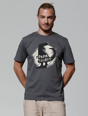 Grijze katoenen t-shirt met een zwart dinosaurusontwerp en de tekst 'Papasaurus' in een vet lettertype, met een gladde textuur en ronde hals.