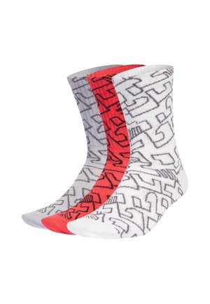 Three pairs of mid-calf socks in white, red, and gray, each with a black abstract geometric pattern throughout.