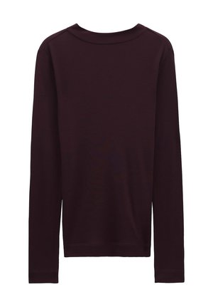 Haut à manches longues en bordeaux foncé, fabriqué en tissu doux, avec un col rond et une coupe droite, des épaules et des poignets sans couture.